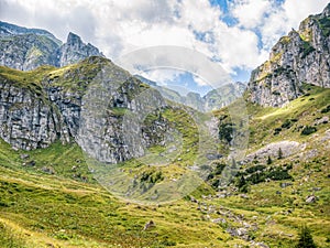 Beautiful landscape with Malaiesti Valley in the Bucegi Mountain part of the Carpathian Mountains of Romania