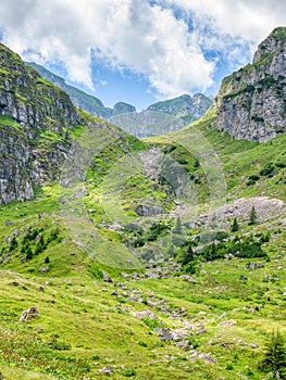 Beautiful landscape with Malaiesti Valley in the Bucegi Mountain part of the Carpathian Mountains of Romania