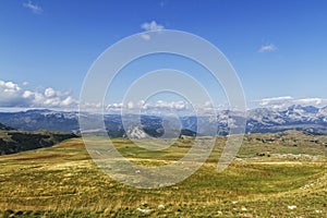 Beautiful landscape in Montenegro with fresh grass and beautiful peaks. Durmitor National Park in Montenegro part of Dinaric Alps.