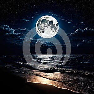 Beautiful landscape: moonlit night over the ocean. The big moon is among the stars and clouds, its light is reflected among the