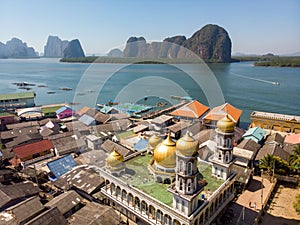 Beautiful landscape mosque sea and sky in summer at Punyi island, Ko Panyi or Koh Panyee, Muslim fisherman village