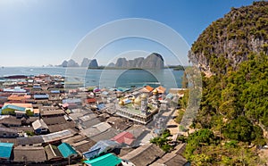 Beautiful landscape mosque sea and sky in summer at Punyi island, Ko Panyi or Koh Panyee, Muslim fisherman village