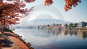 Beautiful landscape of mountain fuji with maple leaf tree around lake in autumn season, Colorful Autumn Season and Mount Fuji with