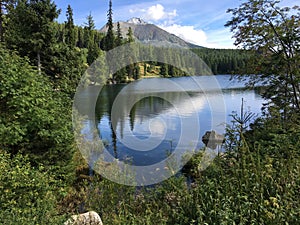 Beautiful landscape with mountain, lake and forest in High Tatras in Slovakia