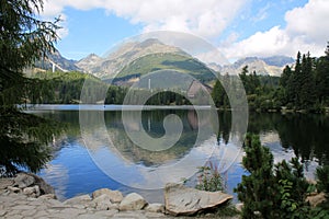 Beautiful landscape with mountain, lake, forest and house in High Tatras in Slovakia