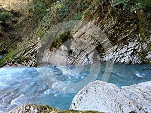 Beautiful landscape of mountain river in forest. Bright panorama of violent river between stones in spring