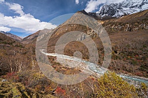 Beautiful landscape of mountain and river in Manaslu circuit trek in autumn season, Nepal