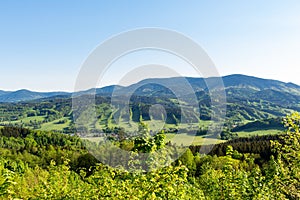 Beautiful landscape in the mountains. Blue sky, green grass and trees and in the background mountains on the horizon