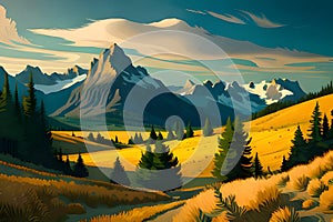 Beautiful landscape with mountains, forest, and meadow. Vector nature illustration, generative ai