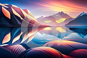 Beautiful landscape with mountains, lake and sunset, tranquil panorama, Vector nature abstract illustration, generative ai