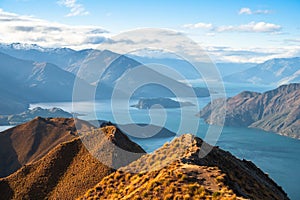 Beautiful landscape of the mountains and Lake Wanaka. Roys Peak Track, South Island, New Zealand. I