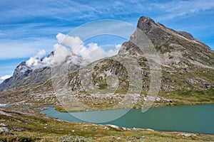 Beautiful landscape with mountains and mountain lake near Trollstigen road, Norway