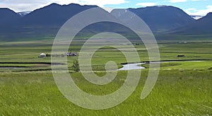 Beautiful landscape of mountains in Qinghai, China. Sunny blue sky with clouds. Stunning view of Tibetan Plateau.