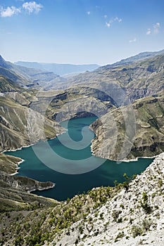 Beautiful landscape with mountains and river on a sunny summer day. Sulak Canyon. Dagestan