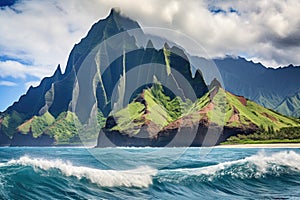 Beautiful landscape with mountains and sea. 3d rendering. Computer digital drawing, View on Na Pali Coast on Kauai island on