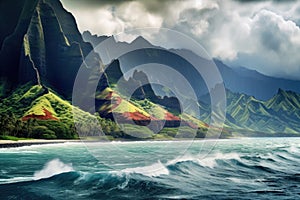 Beautiful landscape with mountains and sea. Collage. 3d rendering, View on Na Pali Coast on Kauai island on Hawaii, AI Generated