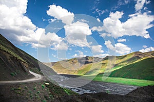 Beautiful landscape in the mountains at summer in daytime. Mountains at the sunset time. Azerbaijan, Caucasus. Khinalig