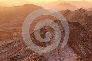 Beautiful landscape in the mountains at sunrise. Amazing view from Mount Sinai Mount Horeb, Gabal Musa, Moses Mount.