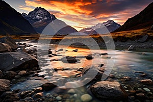 Beautiful landscape of New Zealand alps and river at sunset, Clear river with rocks leads towards mountains lit by sunset, AI