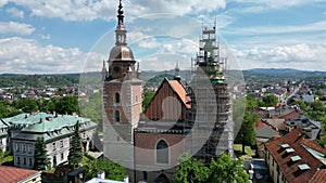 Beautiful landscape of Nowy Sacz city and a catholic church in Poland.