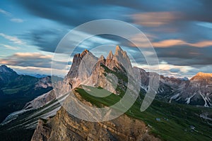 Beautiful landscape of Odle Mountains in Dolomites, Italy from Seceda at sunset