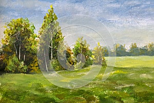 Beautiful landscape oil painting on canvas Spring forest green trees on a lush sunny meadow field