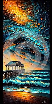 Beautiful Landscape oil painting masterpiece superimposed by paper quilling and paper art, coastal pier,