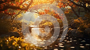 beautiful landscape, old trees near a brook, in a forest at sunset, haze and sunlight, beautiful nature