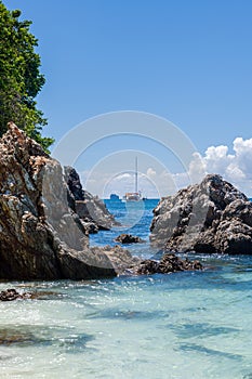 Beautiful landscape from one of the islands in the Adaman Sea. Travel resort background. Summer vacatioan. Copy space.