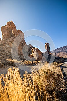 Beautiful landscape over the famous Roques Cinchado in National Park of Tenerife, Pico de Teide, Canary island, Spain