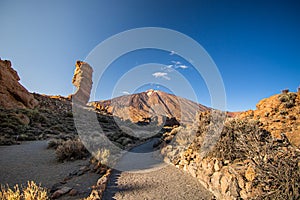 Beautiful landscape over the famous Roques Cinchado in National Park of Tenerife, Pico de Teide, Canary island, Spain