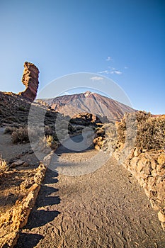Beautiful landscape over the famous Roques Cinchado in National Park of Tenerife, Pico de Teide, Canary island, Spain
