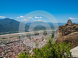 Beautiful landscape overlooking the town of Kalambaka in the valley of the river Pinyos and the mountains in Greece