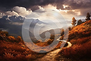 a beautiful landscape with path and mountains at sunset, sunlight in a dramatic sky with clouds, beautiful nature