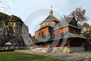 Beautiful landscape photo of medieval wooden Church of the Exaltation of the Cross. Kamianets-Podilskyi, Ukraine