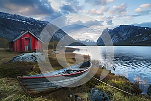 Beautiful landscape photo of Norway, small red house on the shore and rowboat in front of it. Ai generated