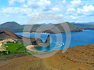 Beautiful landscape with Pinnacle Rock on Bartolome Island. Galapagos Archipelago, Ecuador