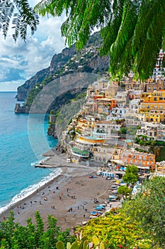 Beautiful Landscape with Positano town at famous amalfi coast, Italy