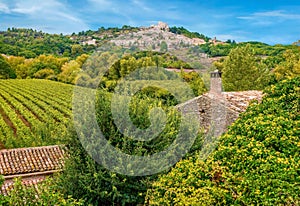 A beautiful landscape in Provence, with Lacoste in the hilly background. photo