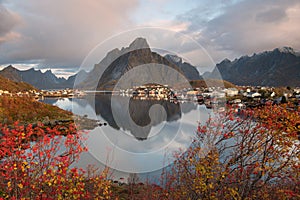 Beautiful landscape from Reine fishing village in autumn season, Lofoten islands, Norway