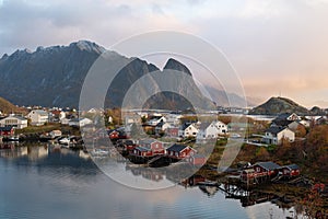 Beautiful landscape from Reine fishing village in autumn season, Lofoten islands, Norway