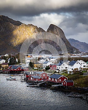 Beautiful landscape from Reine fishing village in autumn season, Lofoten islands, Norway