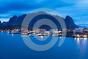 Beautiful landscape from Reine fishing village at night, Lofoten Islands, Norway