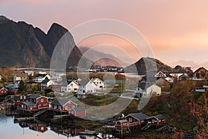 Beautiful landscape from Reine fishing village at sunset