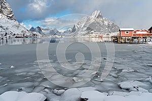 Beautiful landscape of Reine fishing village in winter season, Lofoten island in Nordland, Norway, Scandinavia