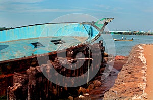 Beautiful landscape of the river arasalaru with old and new boats near karaikal beach.