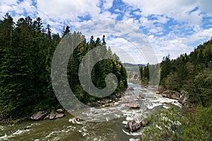 Beautiful landscape of river mountains carpathians. Mountain river valley landscape. River mountains landscape carpathians. Wild r