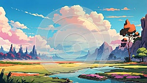 Beautiful landscape with river and mountains and forest - Ai illustration