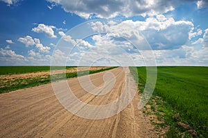 Beautiful landscape with road, green fields and cloudy sky