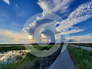 Beautiful landscape of a road through green fields on Kiawah Island, South Carolina on a cloudy day